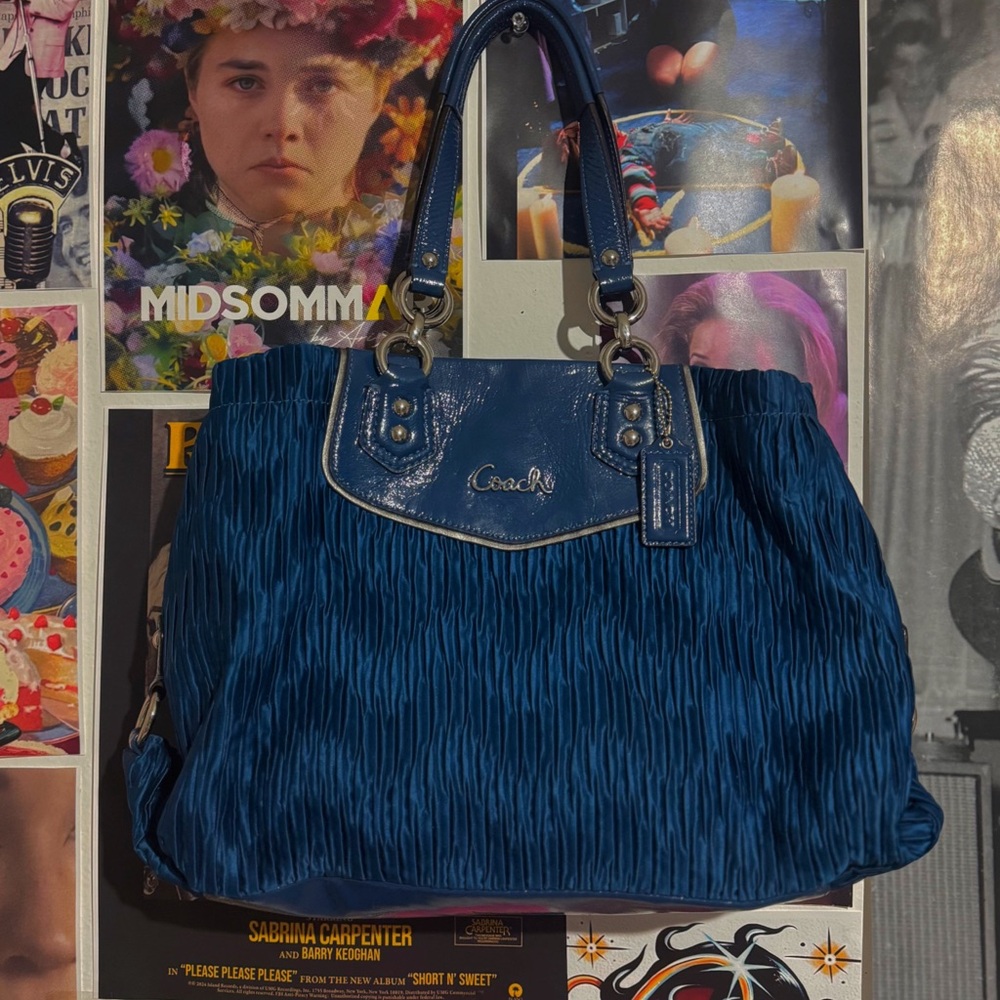 Coach Ashley Ocean Blue Gathered Satin Satchel Bag